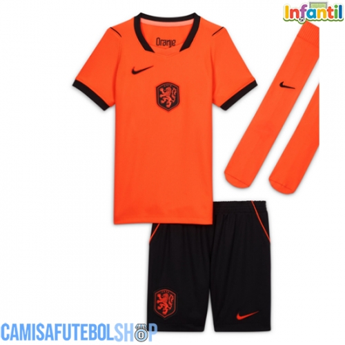 Camisa de time de futebol Países Baixos Replicas 1º Equipamento Infantil Mundo 2026 Manga Curta (+ Calças curtas)